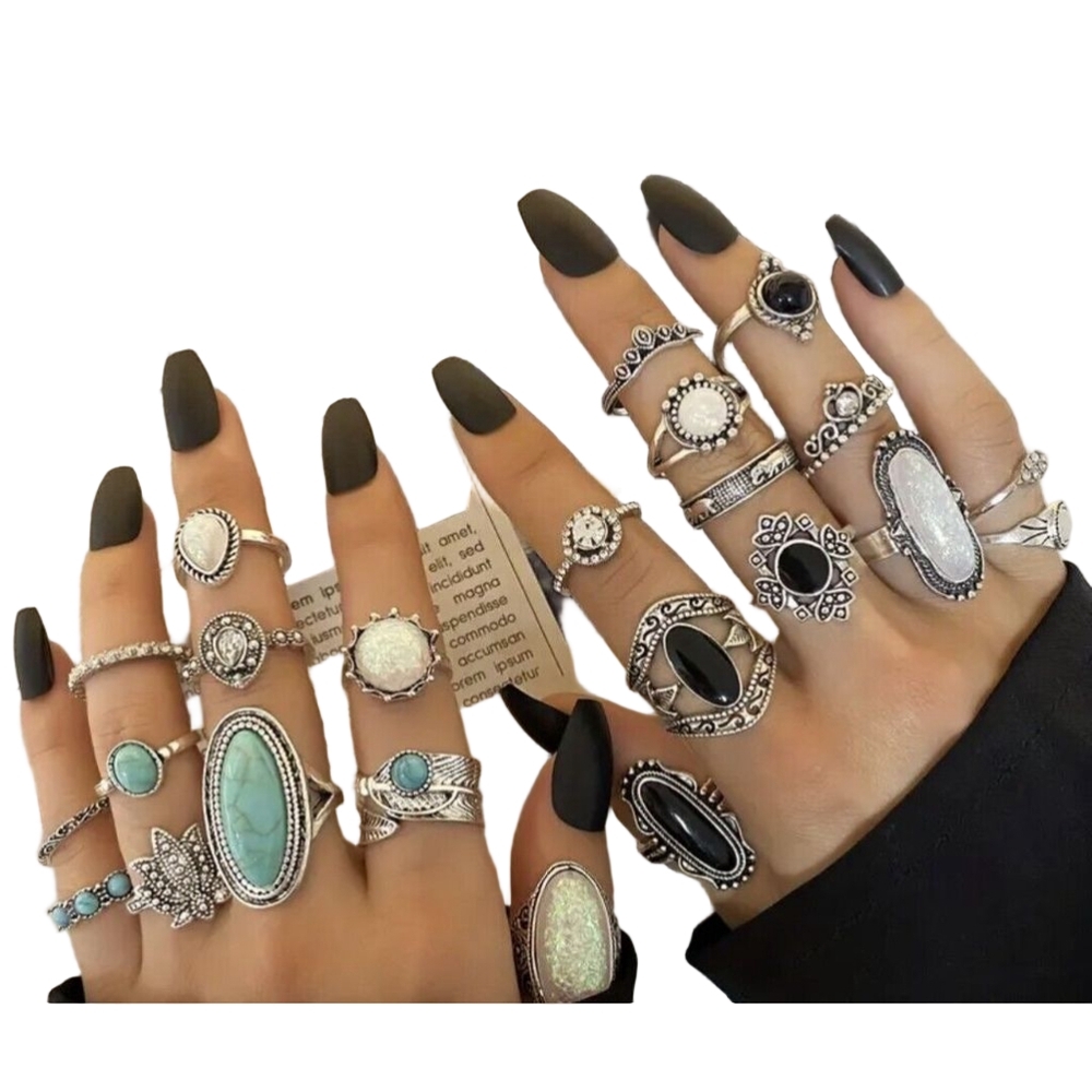 20 Pc Rings Bohemian Hippie stacking rings Boho Jewelry Blue Black Silver - Picture 2 of 7